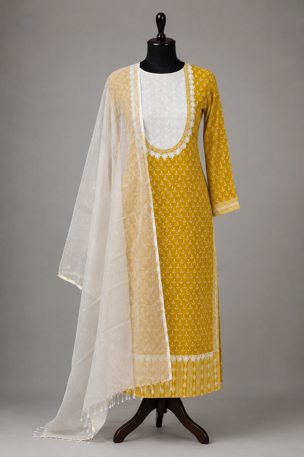 Sunlit Grace Yellow Cotton Embroidered Suit Set with Printed Dupatta - Image 6