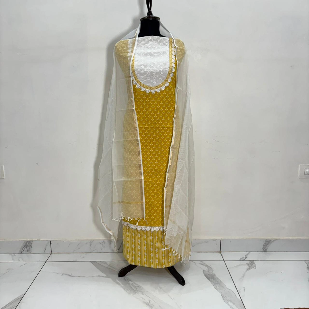 Sunlit Grace Yellow Cotton Embroidered Suit Set with Printed Dupatta - Image 7
