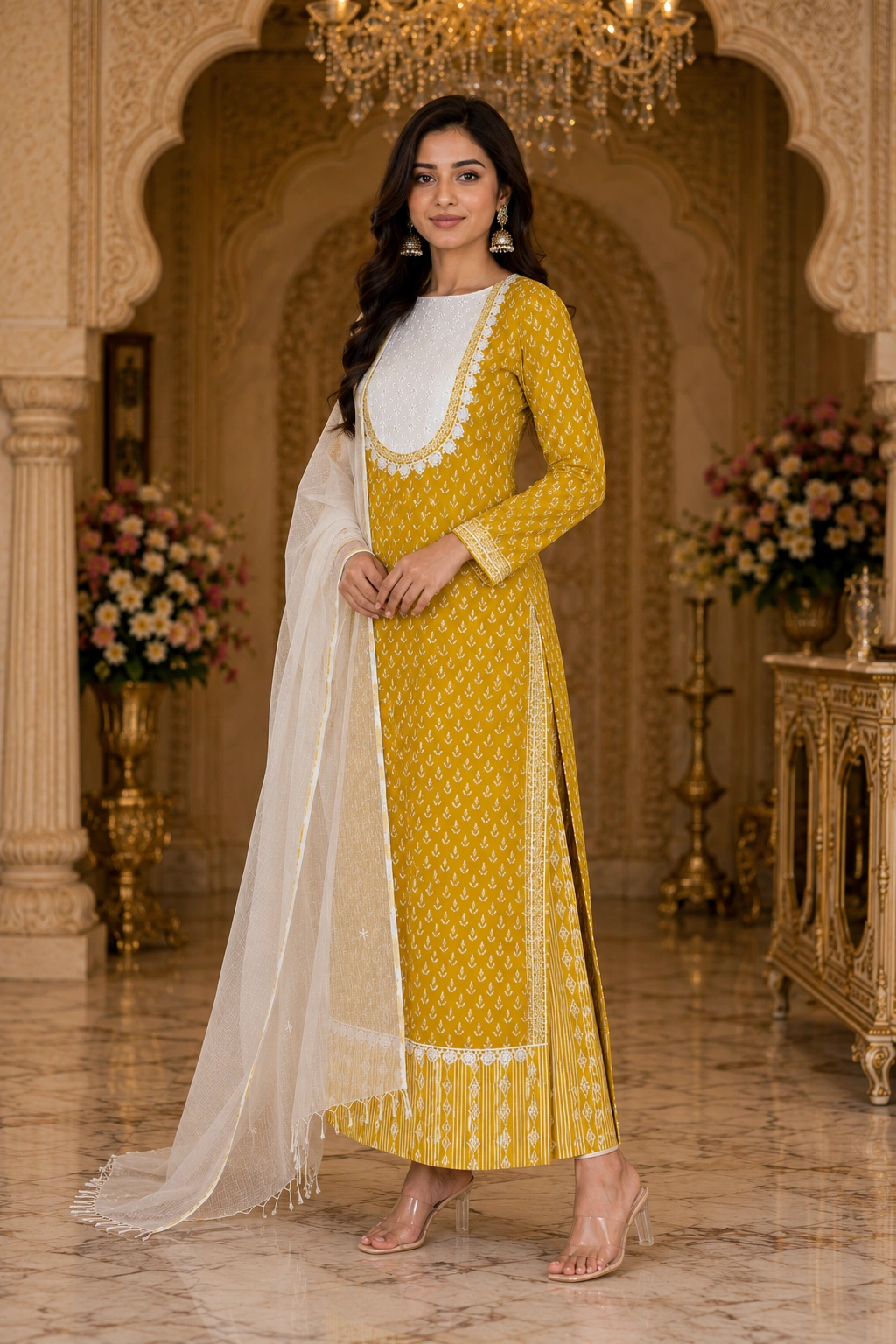 Sunlit Grace Yellow Cotton Embroidered Suit Set with Printed Dupatta - Image 3