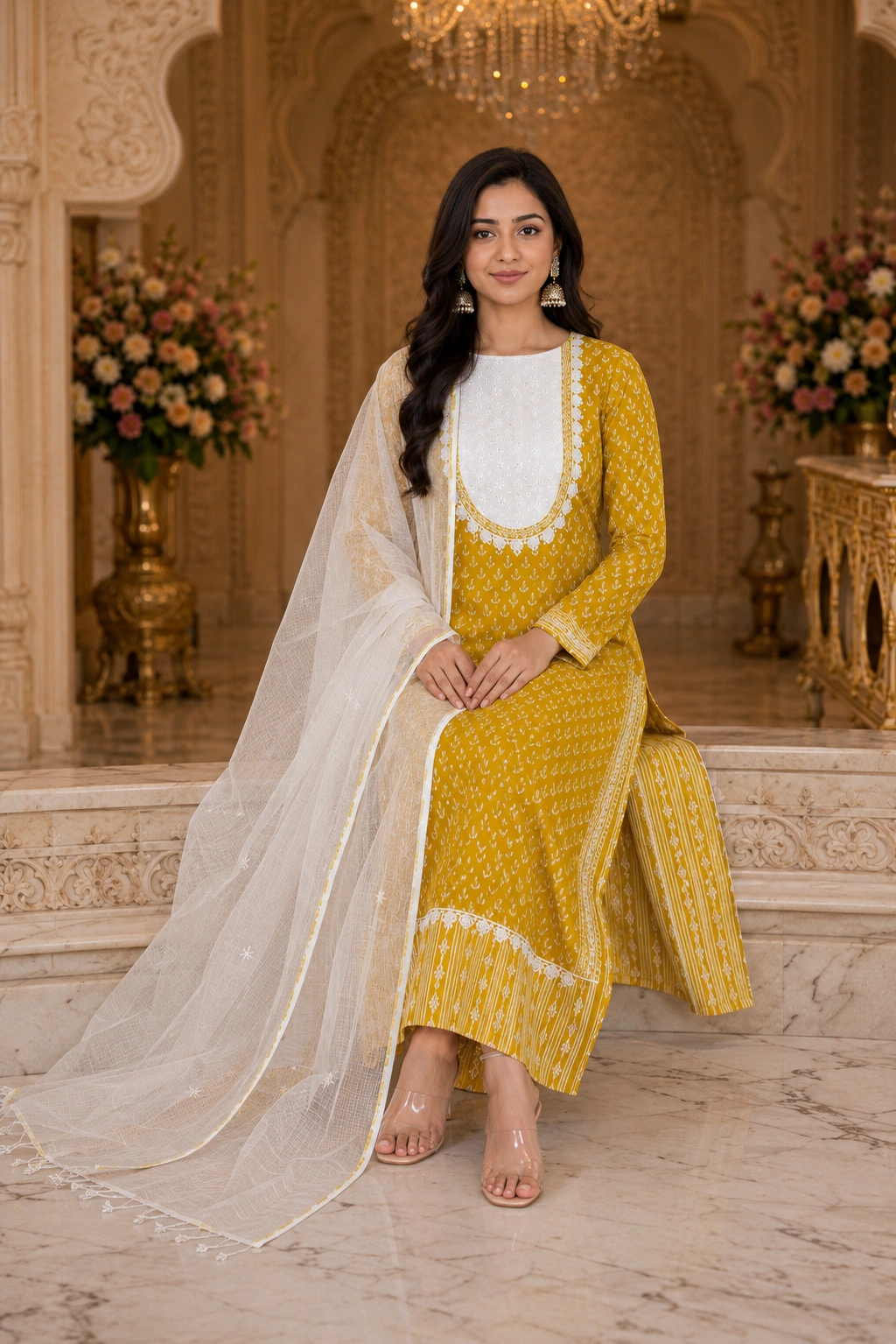 Sunlit Grace Yellow Cotton Embroidered Suit Set with Printed Dupatta - Image 4