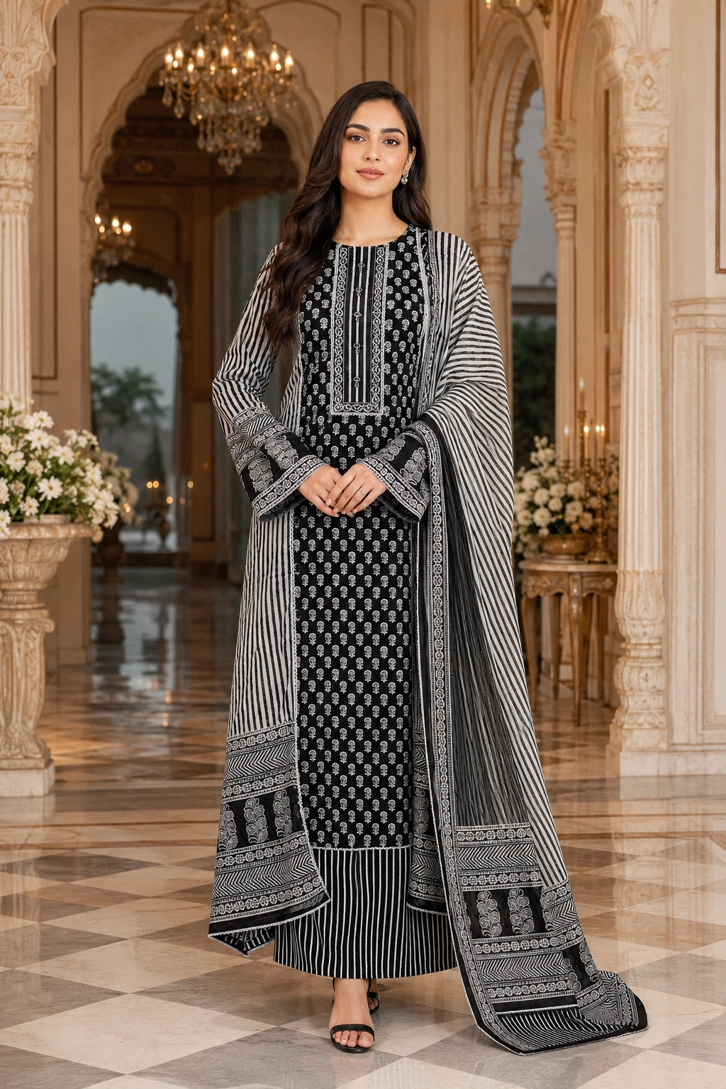 Midnight Elegance Black Cotton Printed Suit Set