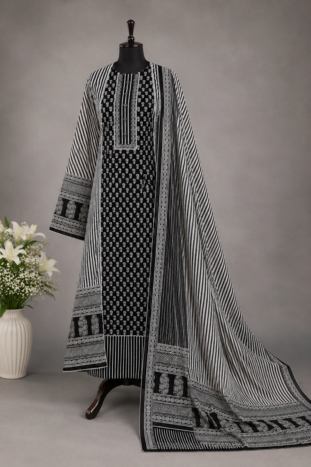 Midnight Elegance Black Cotton Printed Suit Set - Image 6
