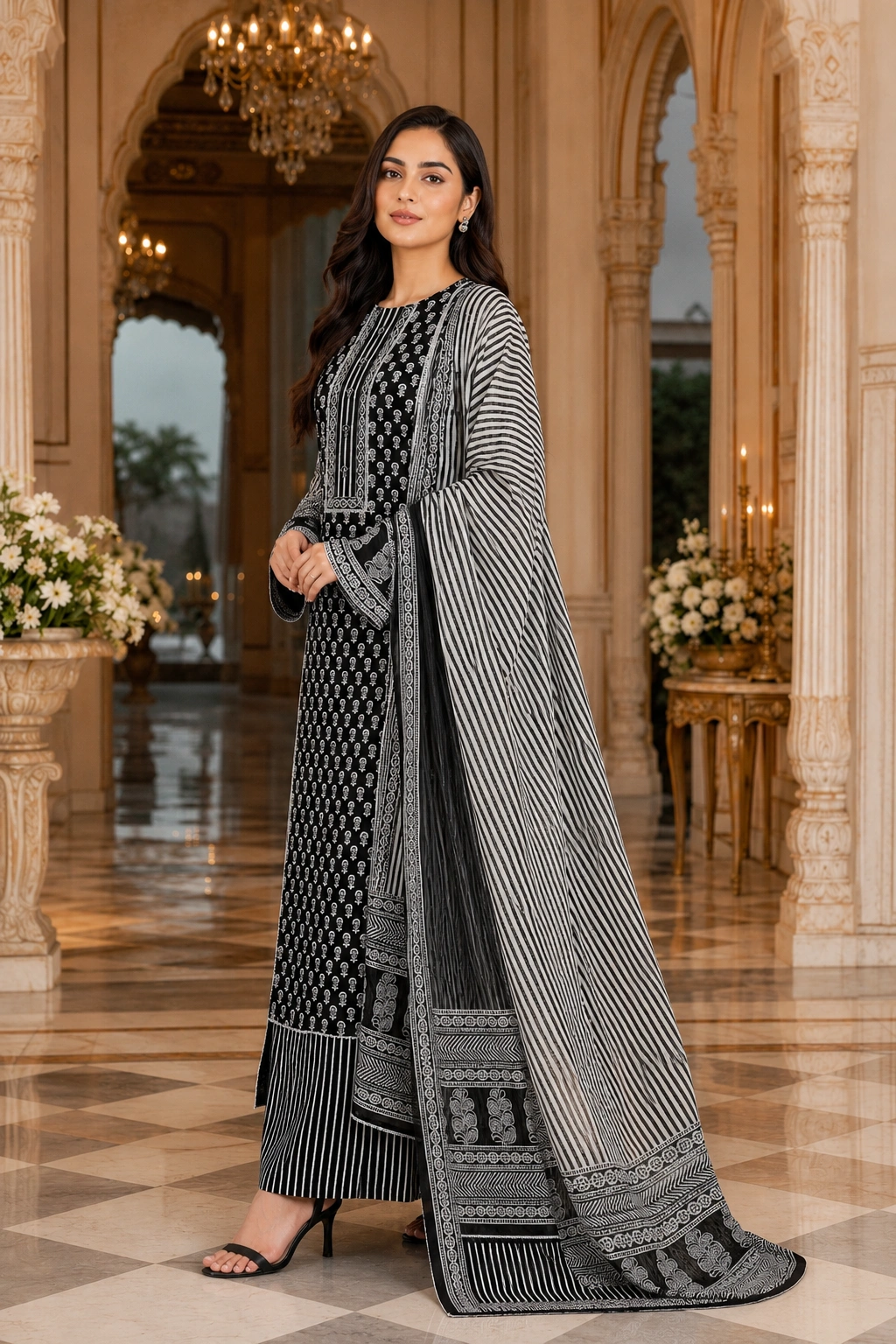 Midnight Elegance Black Cotton Printed Suit Set - Image 3