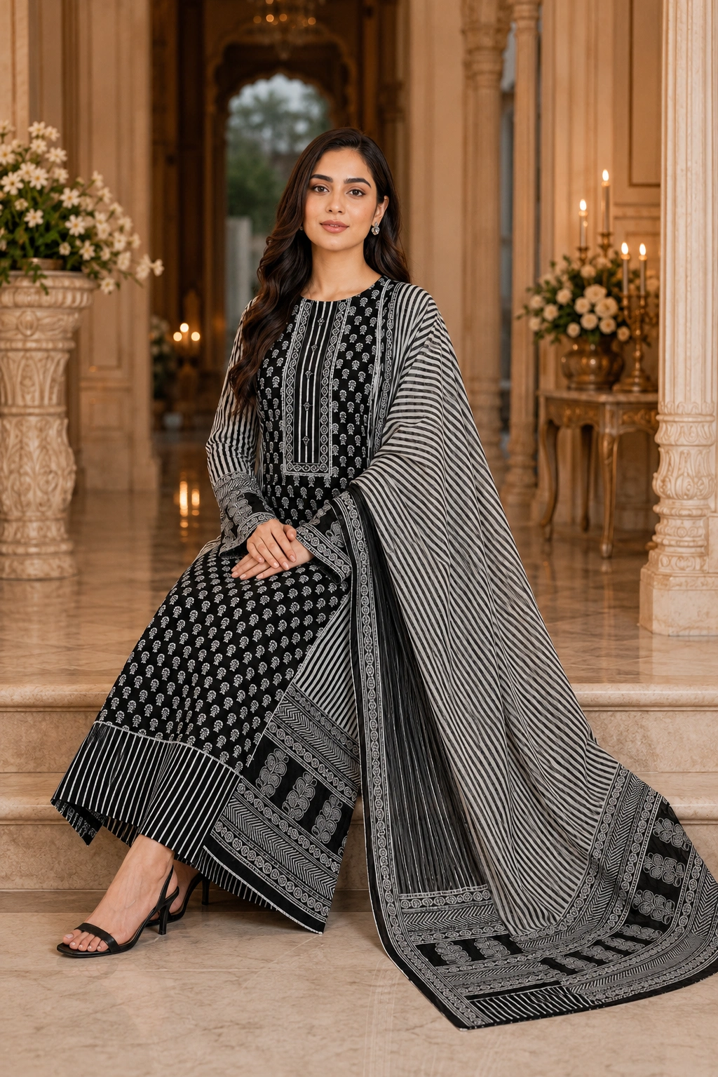 Midnight Elegance Black Cotton Printed Suit Set - Image 4