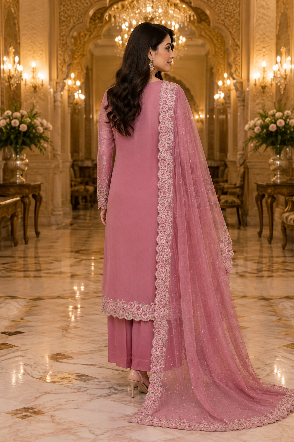 Rosé Royale Tissue Embroidered Suit Set with Heavy Floral Dupatta - Image 3