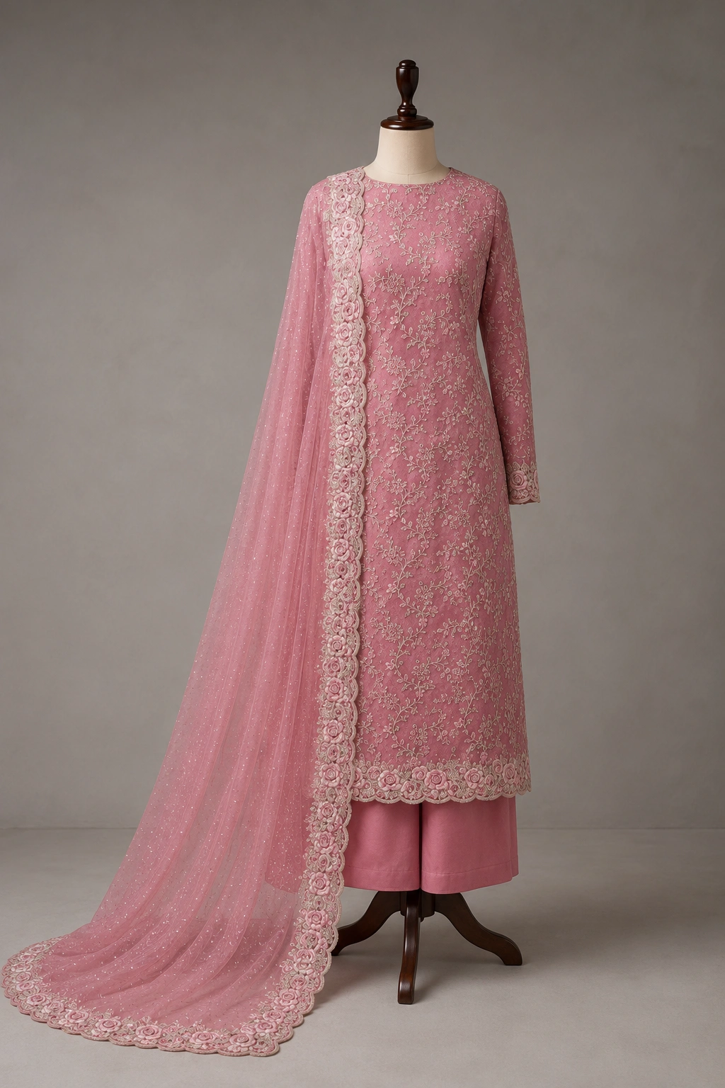 Rosé Royale Tissue Embroidered Suit Set with Heavy Floral Dupatta - Image 6