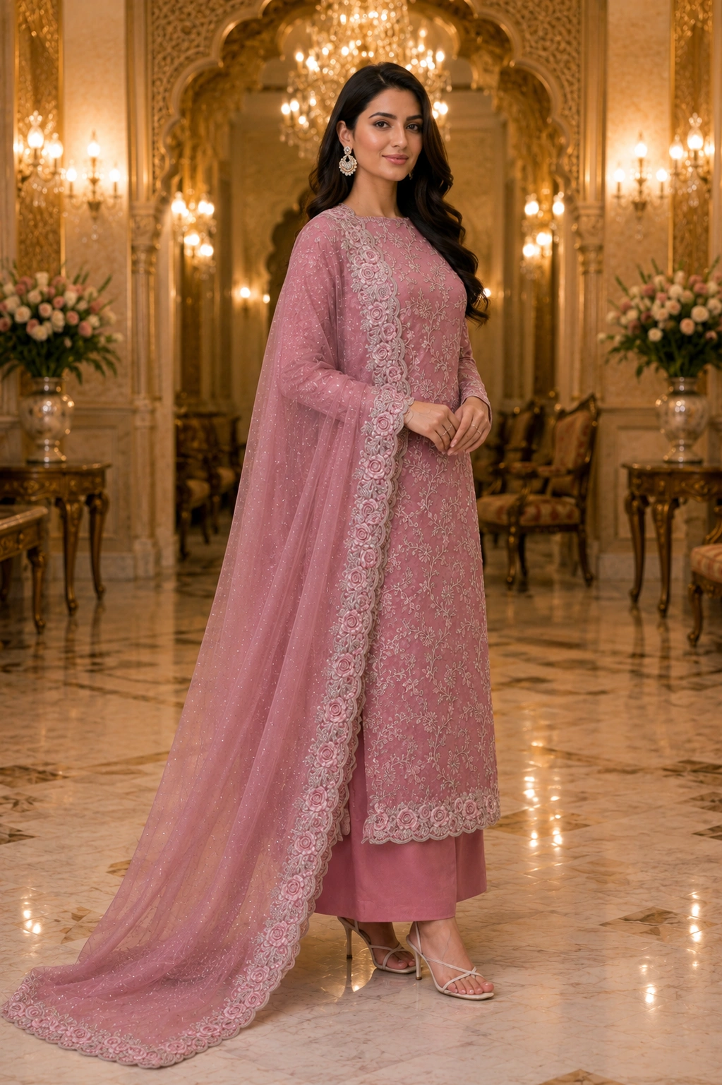 Rosé Royale Tissue Embroidered Suit Set with Heavy Floral Dupatta - Image 2