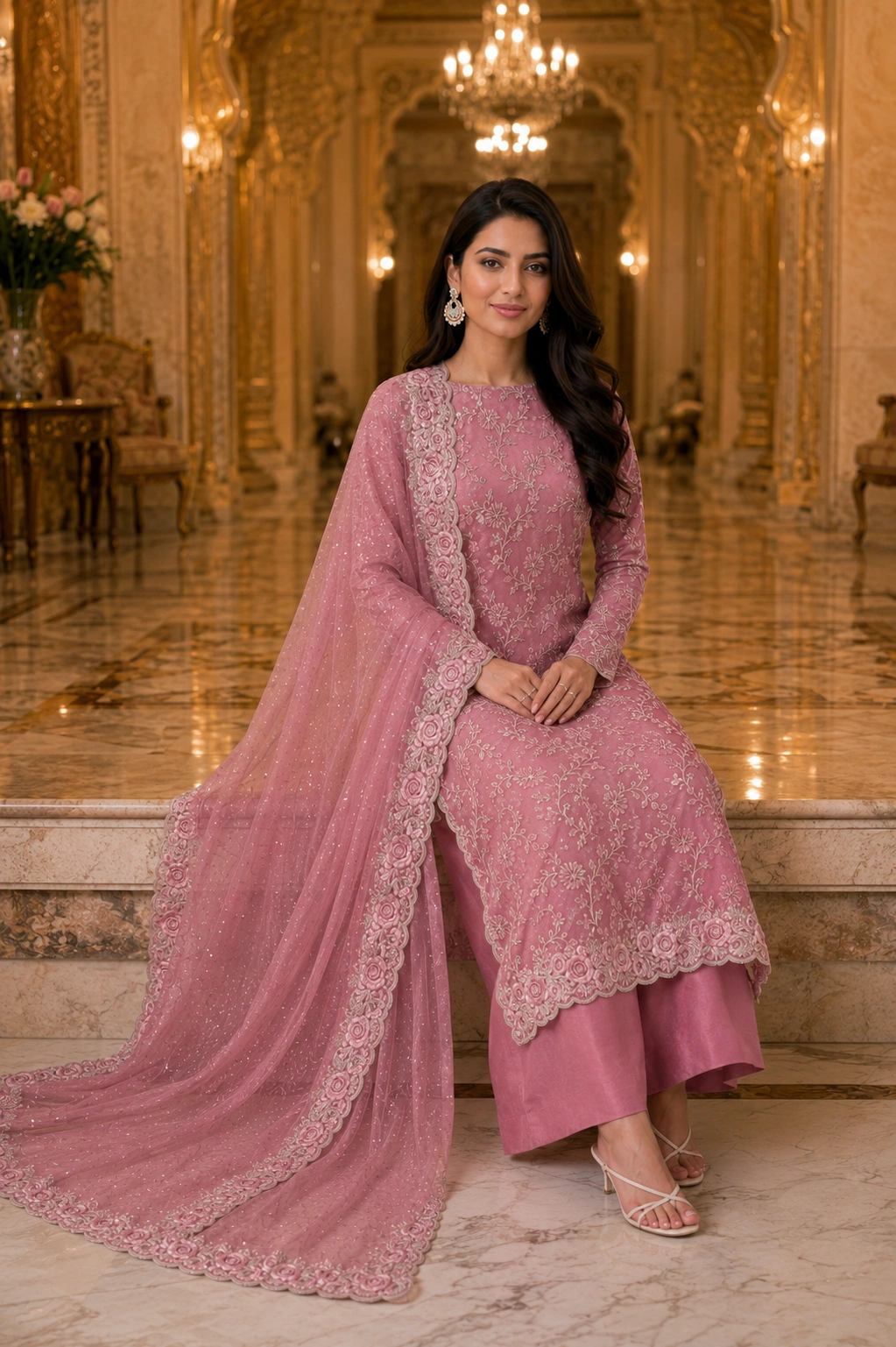 Rosé Royale Tissue Embroidered Suit Set with Heavy Floral Dupatta - Image 4