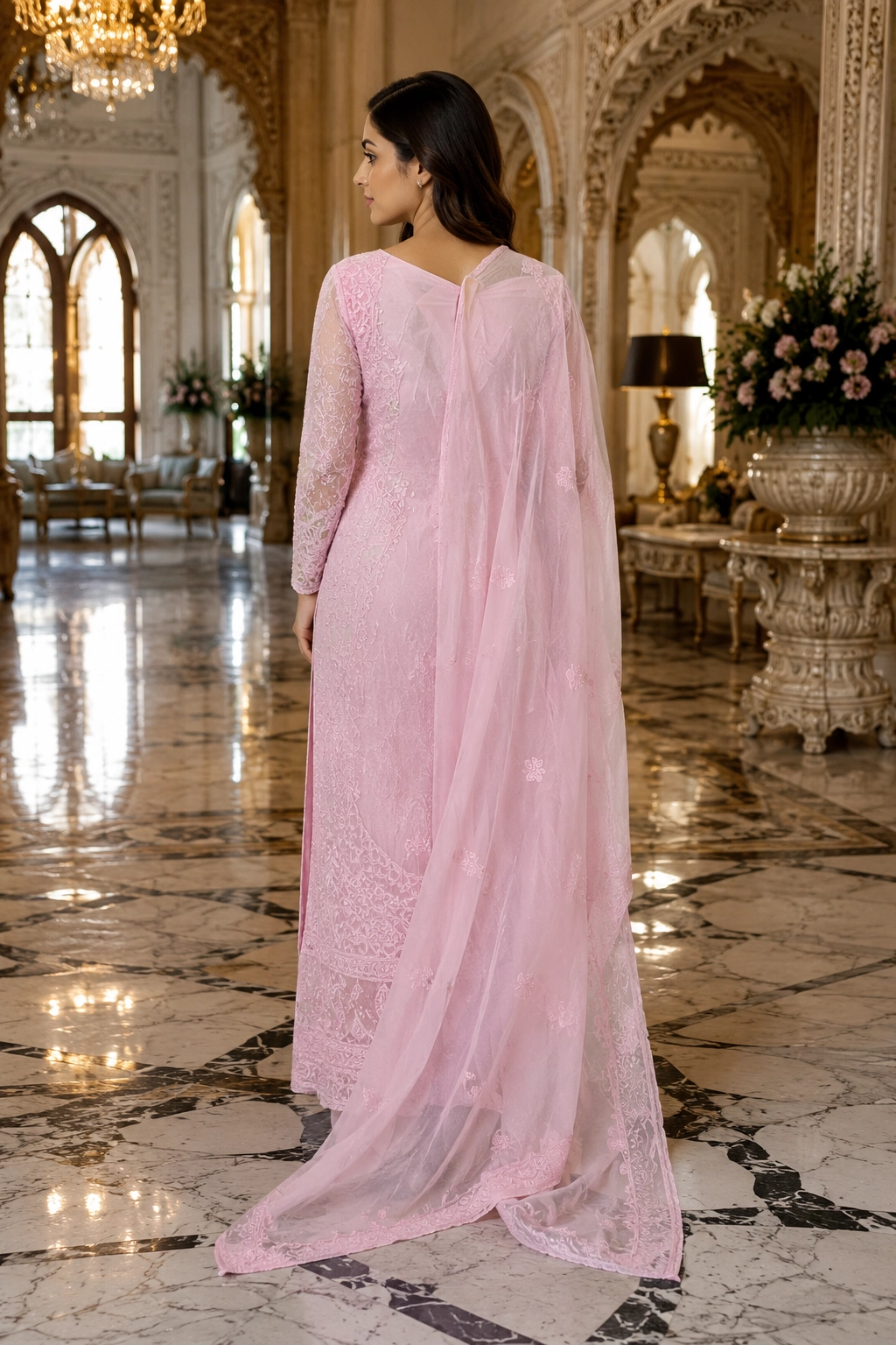 Blush Pink Georgette Chikankari Unstitched Suit Set - Image 2