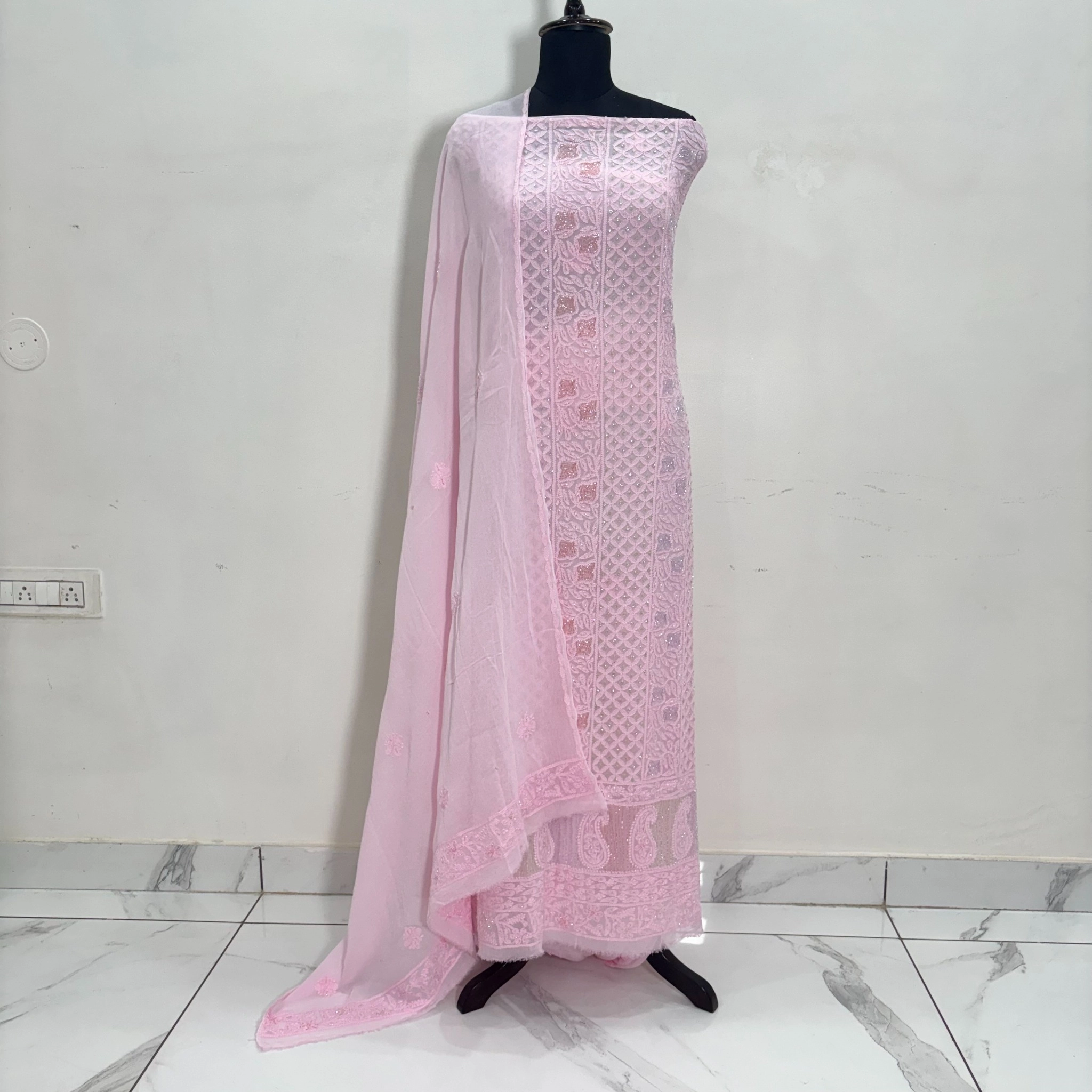 Blush Pink Georgette Chikankari Unstitched Suit Set - Image 7