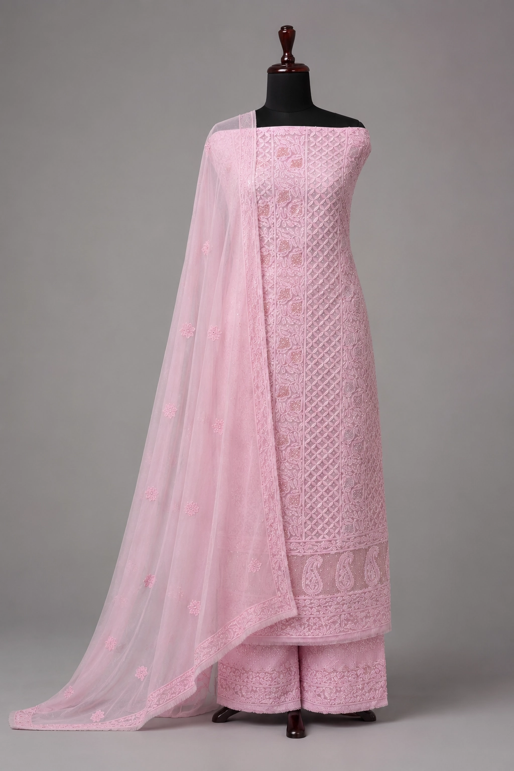 Blush Pink Georgette Chikankari Unstitched Suit Set - Image 6