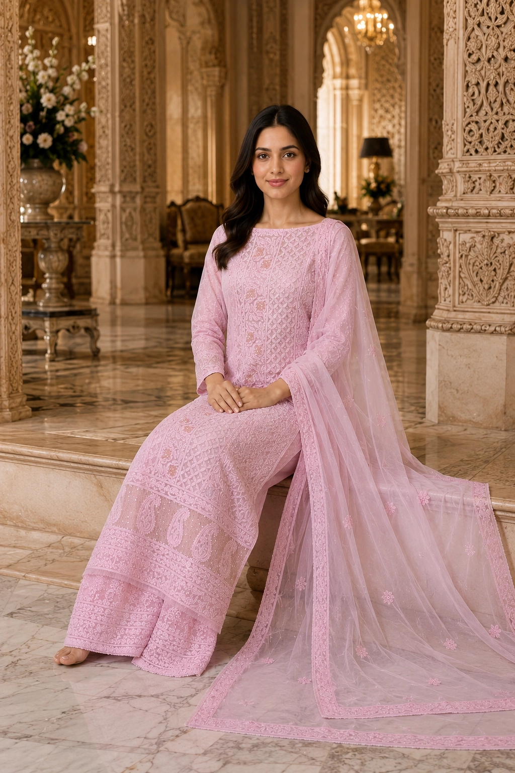 Blush Pink Georgette Chikankari Unstitched Suit Set - Image 5