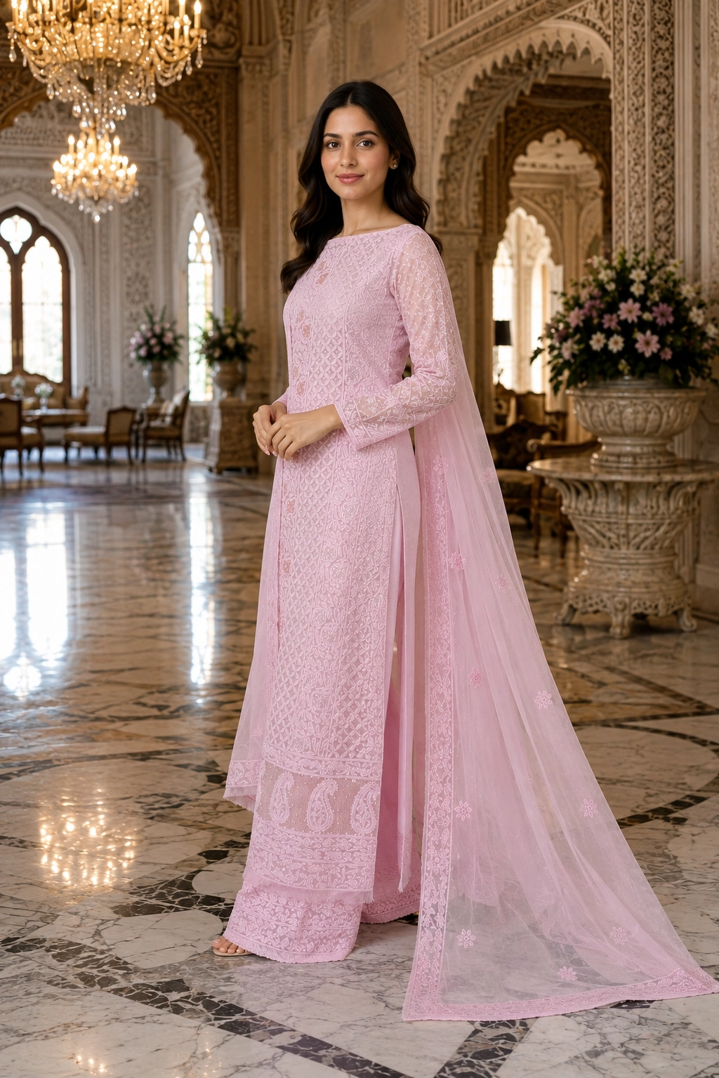 Blush Pink Georgette Chikankari Unstitched Suit Set - Image 3