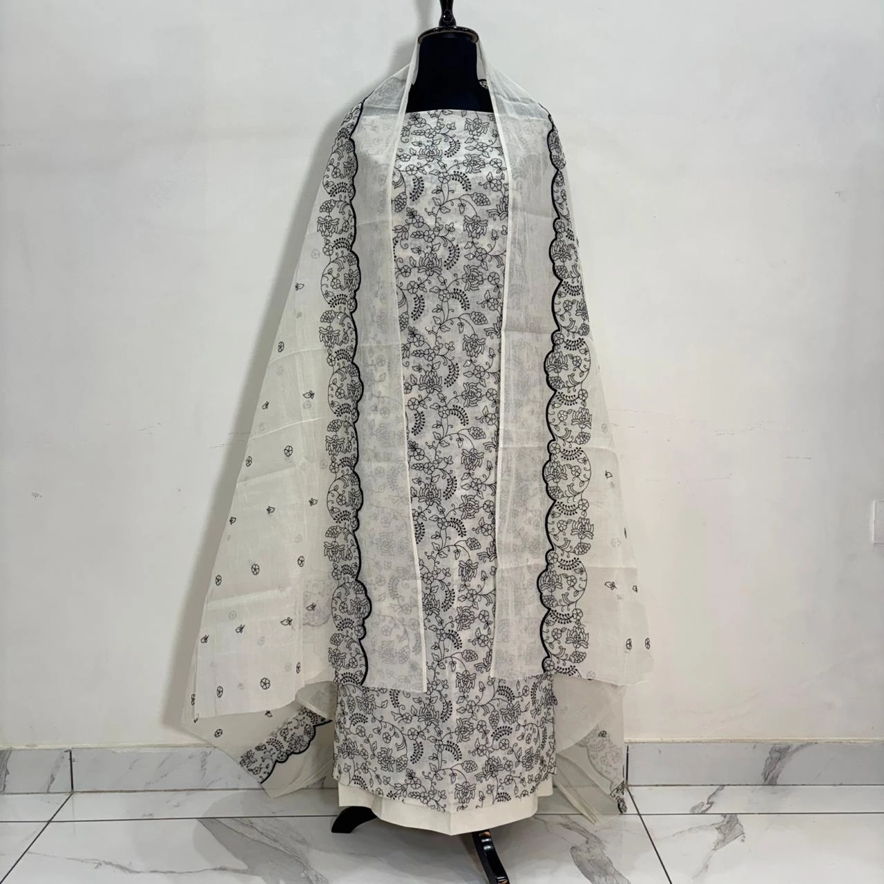 Ivory Blossom Cotton Suit Set with Black Floral Print Dupatta - Image 7