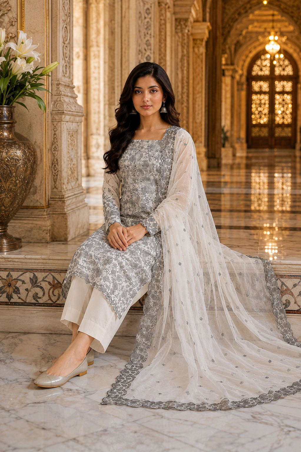 Ivory Blossom Cotton Suit Set with Black Floral Print Dupatta - Image 4