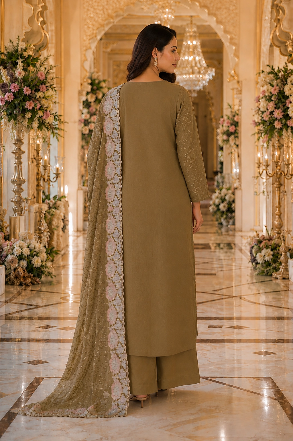 Mehndi Green Chiffon Embroidered Suit Set - Image 3