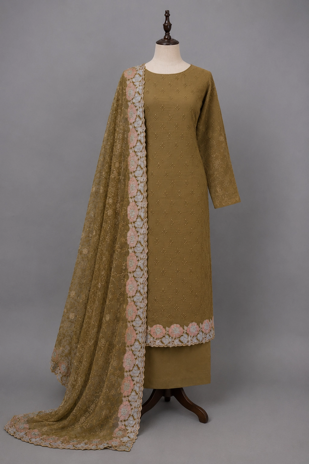 Mehndi Green Chiffon Embroidered Suit Set - Image 6