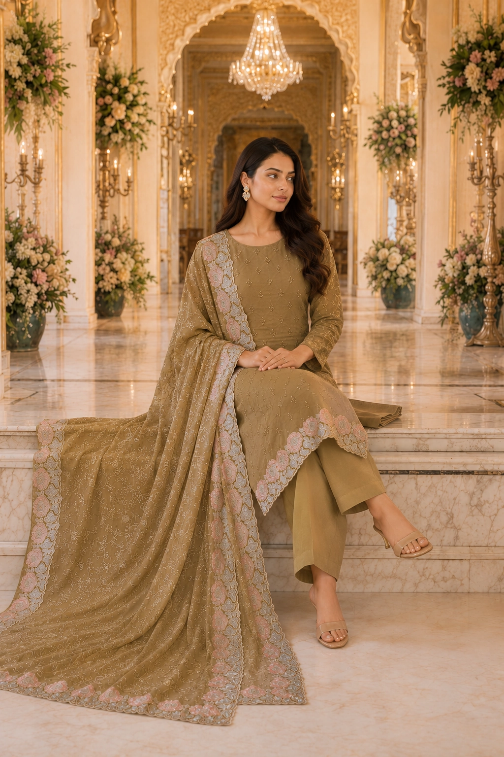 Mehndi Green Chiffon Embroidered Suit Set - Image 4