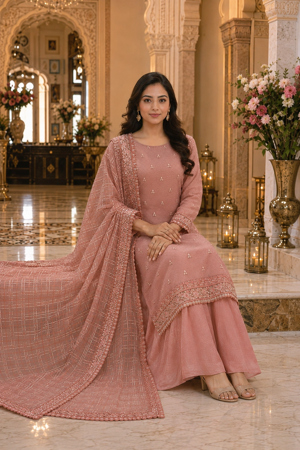 Peach Blossom Embroidered Ethnic Suit Set with Heavy Embroidered Dupatta - Image 4