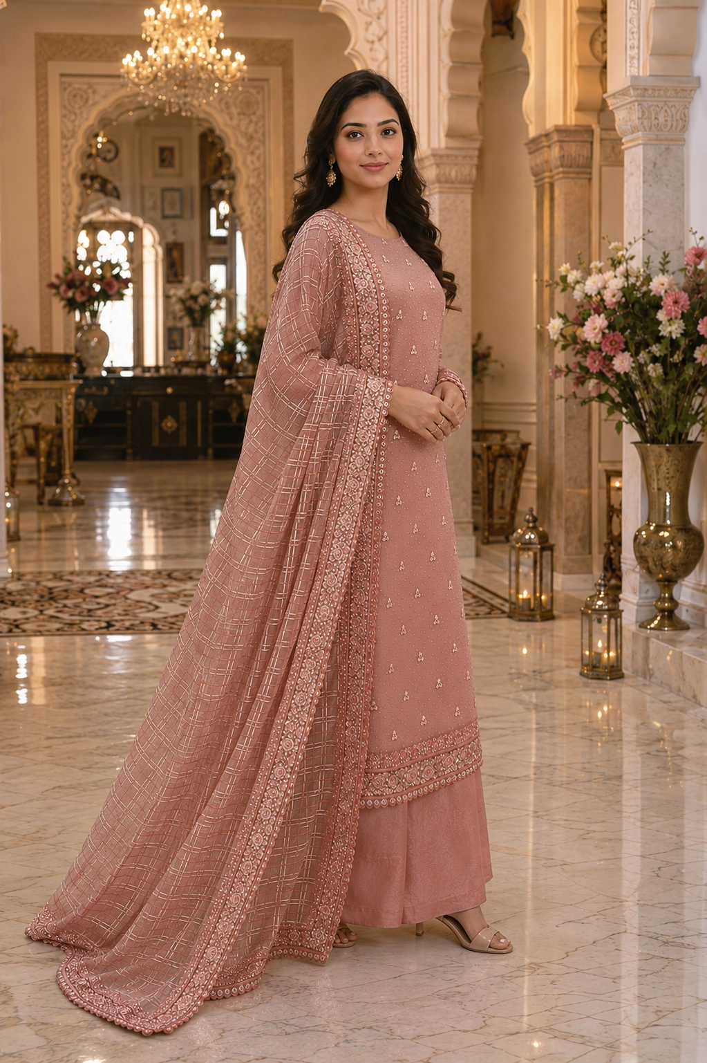 Peach Blossom Embroidered Ethnic Suit Set with Heavy Embroidered Dupatta - Image 2