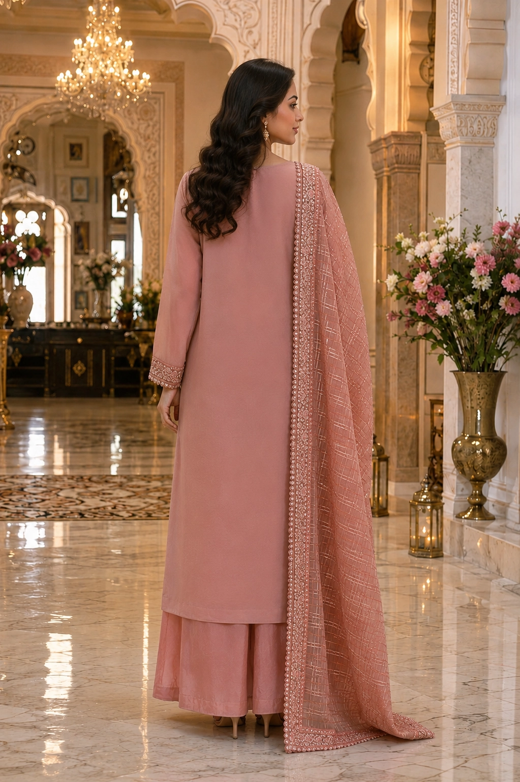 Peach Blossom Embroidered Ethnic Suit Set with Heavy Embroidered Dupatta - Image 3