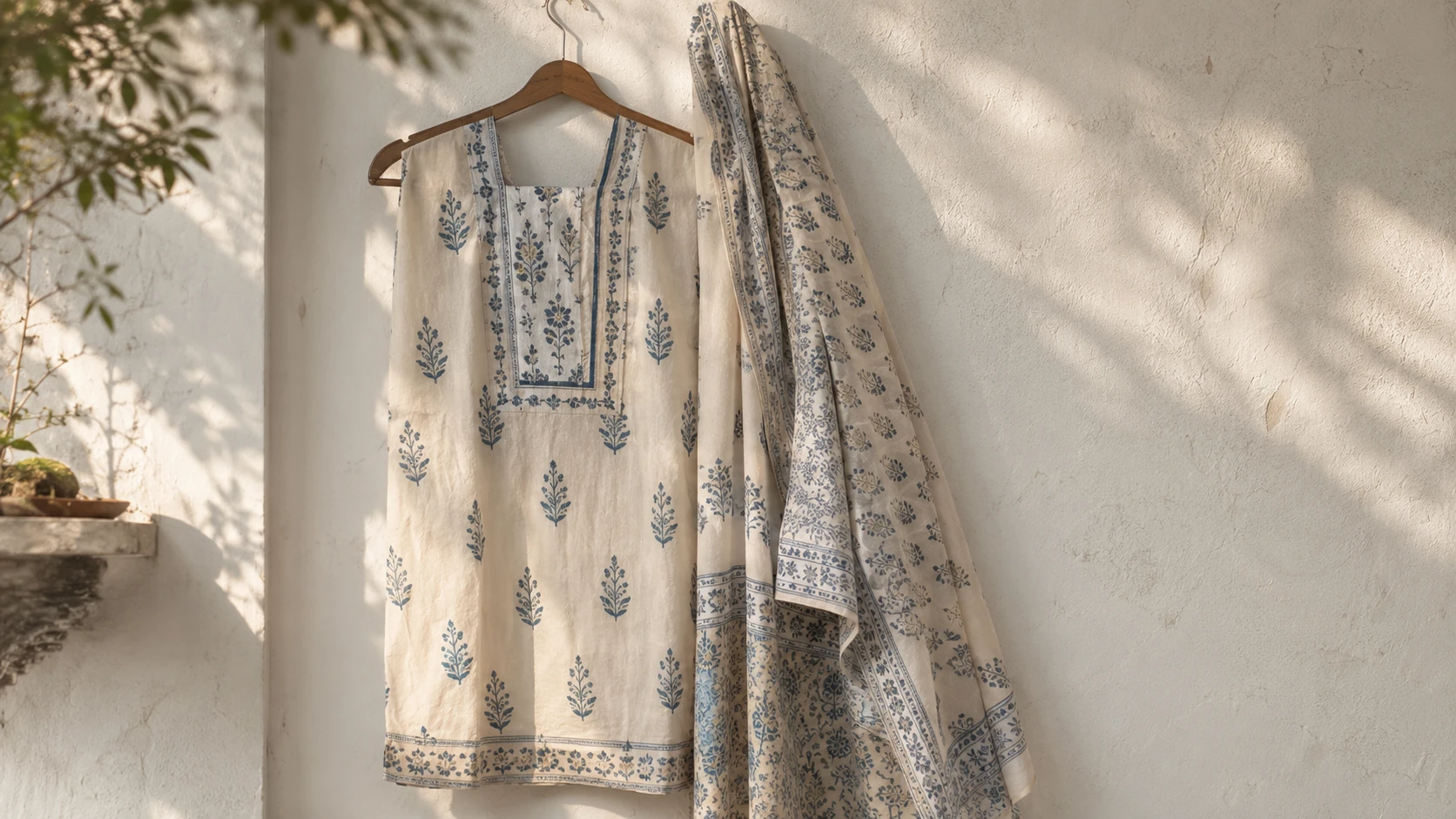 Ivory cotton unstitched suit set with blue block-printed floral motifs and matching printed dupatta