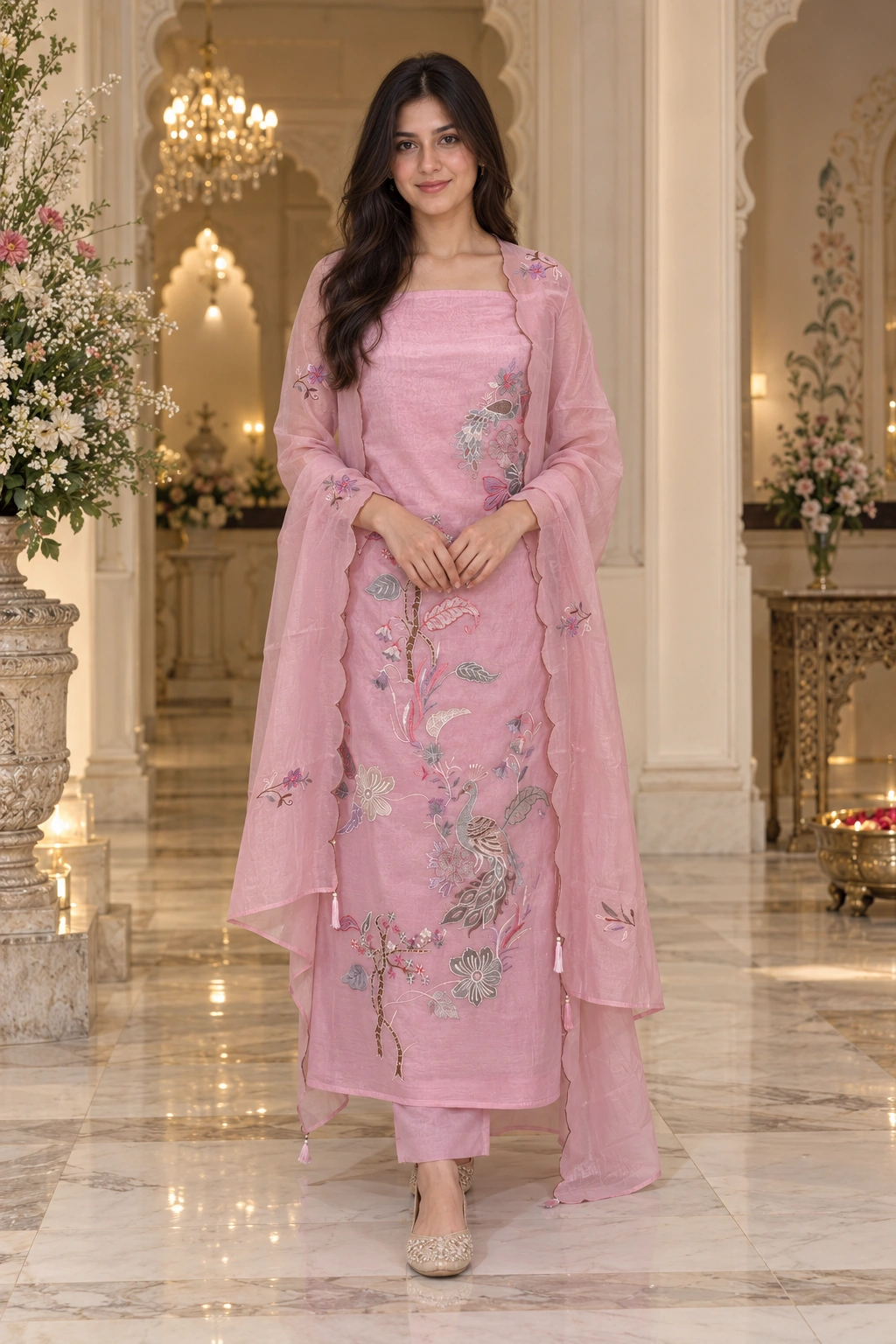 Light Pink Pure Mul Chanderi Ethnic Suit Set with Resham Thread Embroidery & Scalloped Dupatta