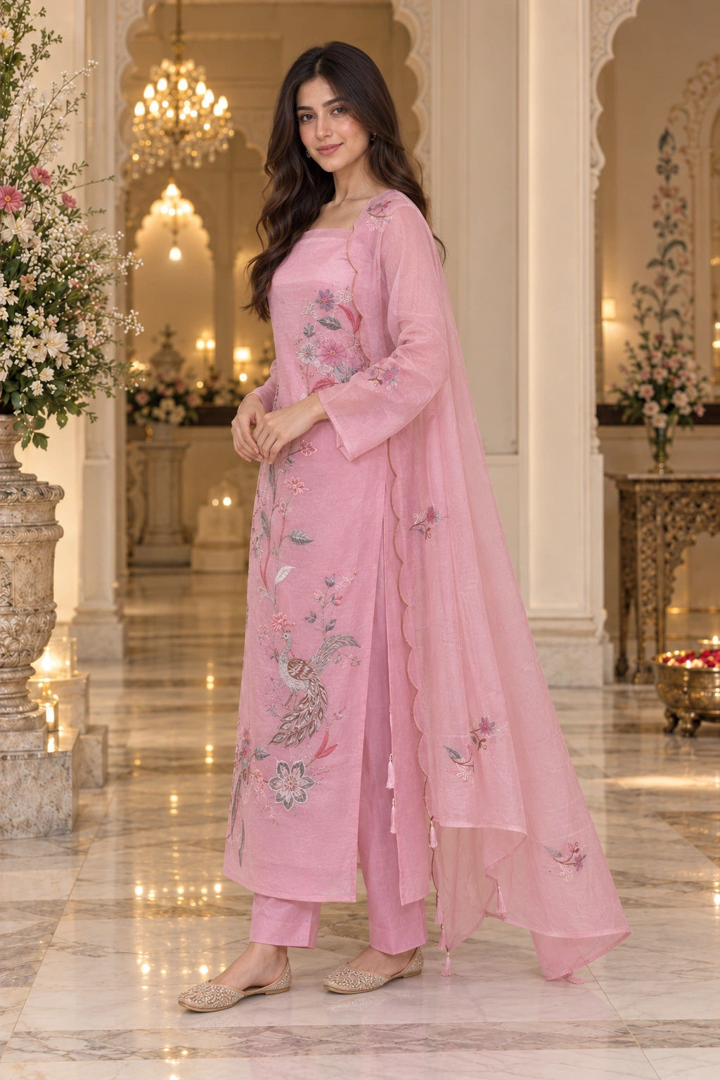Light Pink Pure Mul Chanderi Ethnic Suit Set with Resham Thread Embroidery & Scalloped Dupatta - Image 3
