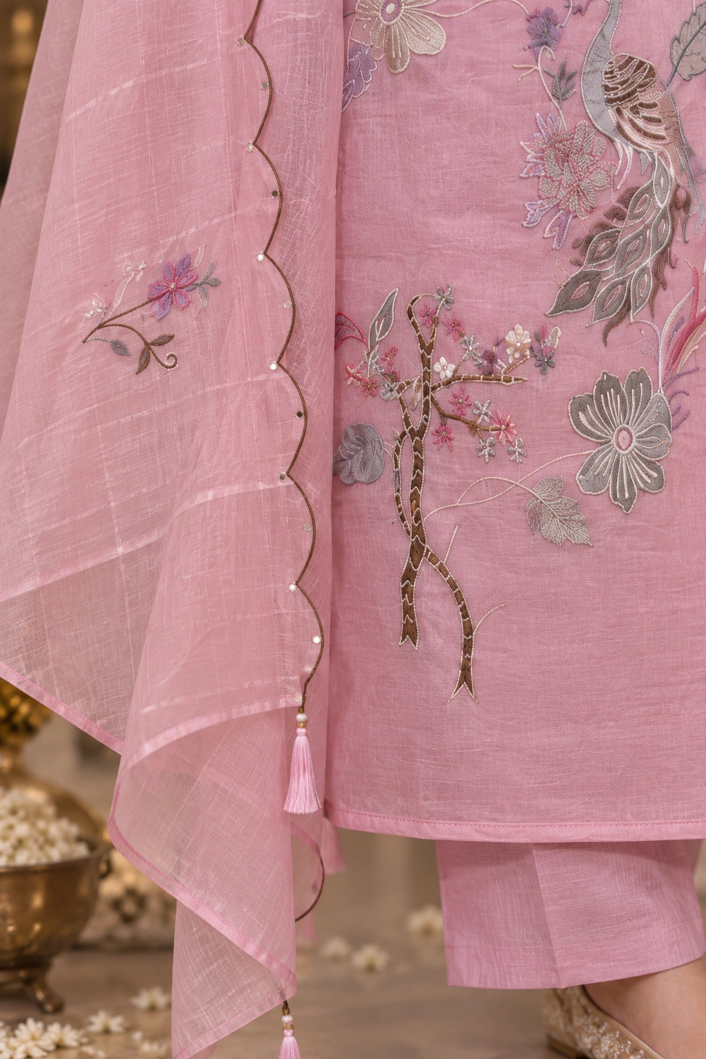 Light Pink Pure Mul Chanderi Ethnic Suit Set with Resham Thread Embroidery & Scalloped Dupatta - Image 5