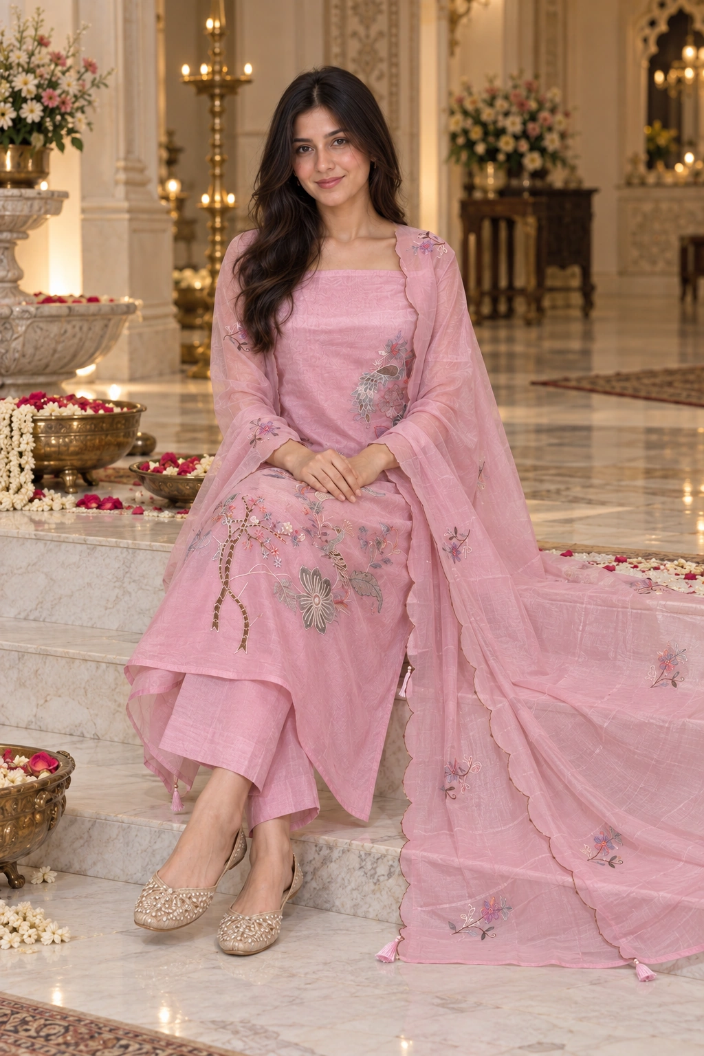 Light Pink Pure Mul Chanderi Ethnic Suit Set with Resham Thread Embroidery & Scalloped Dupatta - Image 4