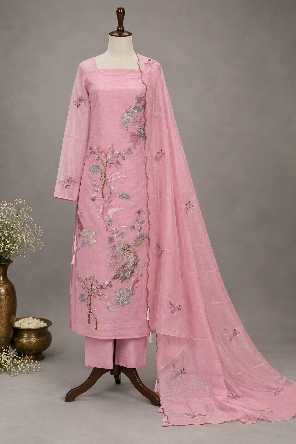 Light Pink Pure Mul Chanderi Ethnic Suit Set with Resham Thread Embroidery & Scalloped Dupatta - Image 6