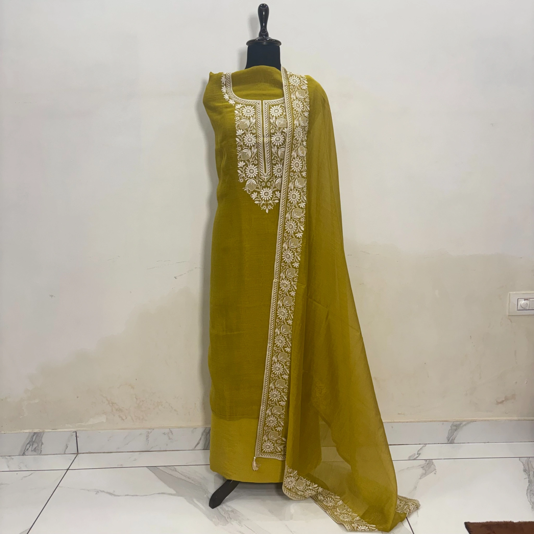 Mustard Olive Mul Chanderi Ethnic Suit Set with Intricate Thread Embroidery & Designer Dupatta - Image 7