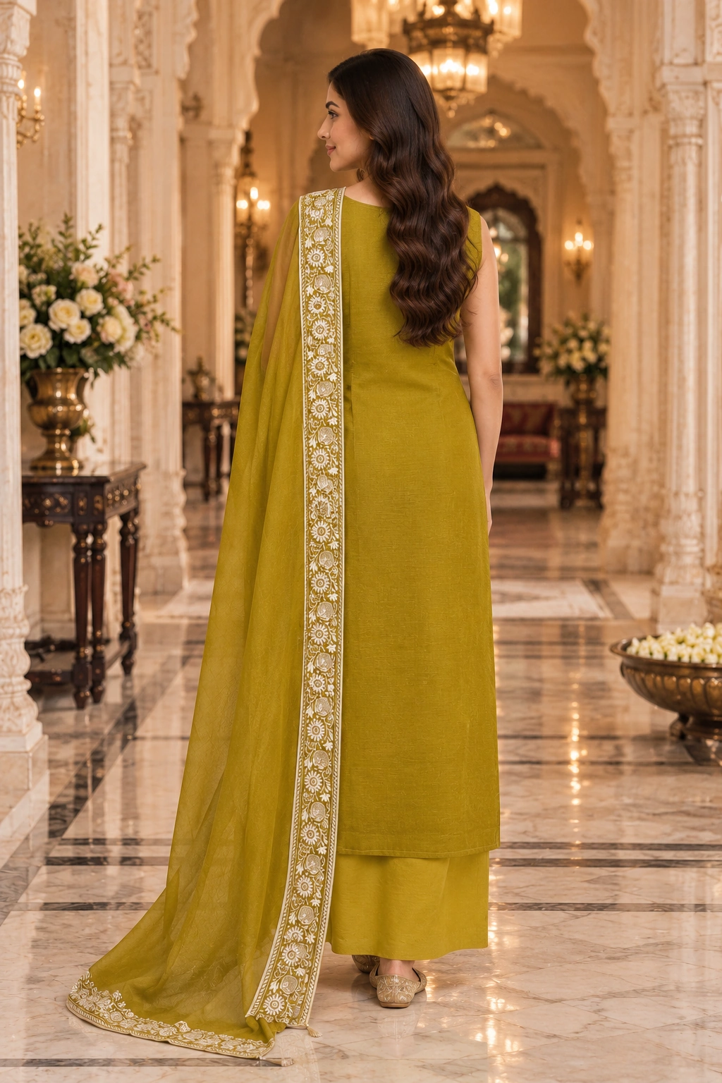 Mustard Olive Mul Chanderi Ethnic Suit Set with Intricate Thread Embroidery & Designer Dupatta - Image 2