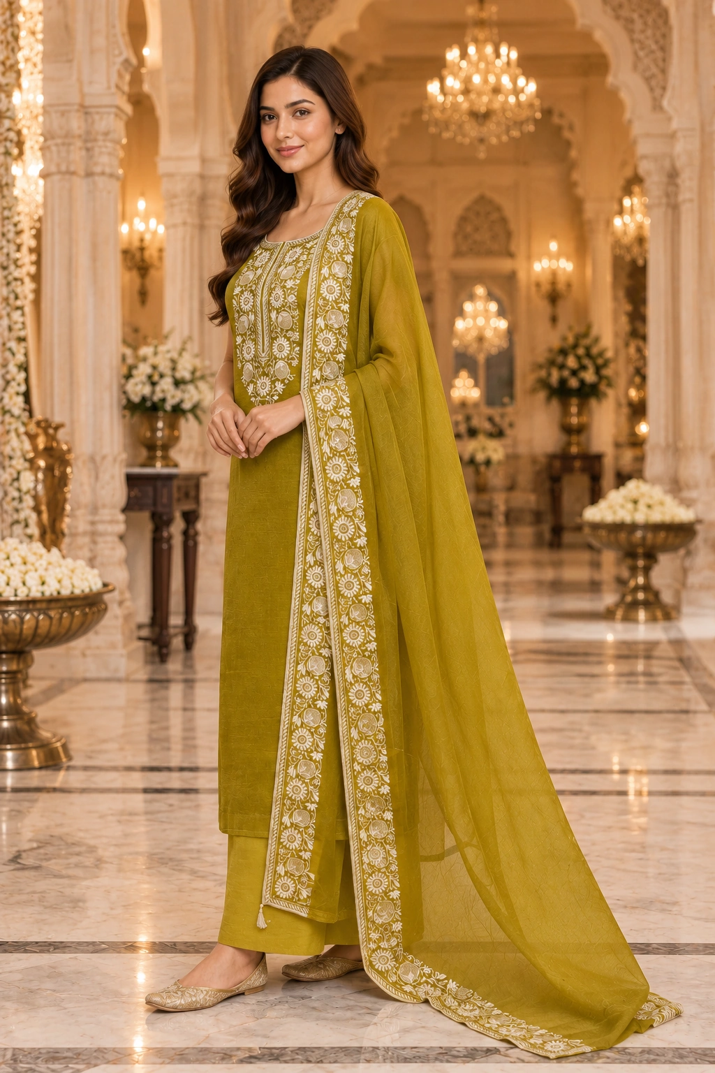 Mustard Olive Mul Chanderi Ethnic Suit Set with Intricate Thread Embroidery & Designer Dupatta - Image 3