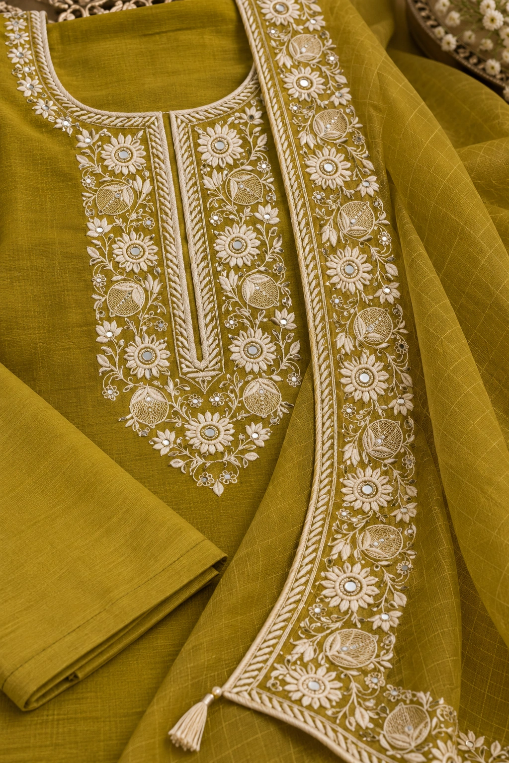 Mustard Olive Mul Chanderi Ethnic Suit Set with Intricate Thread Embroidery & Designer Dupatta - Image 5