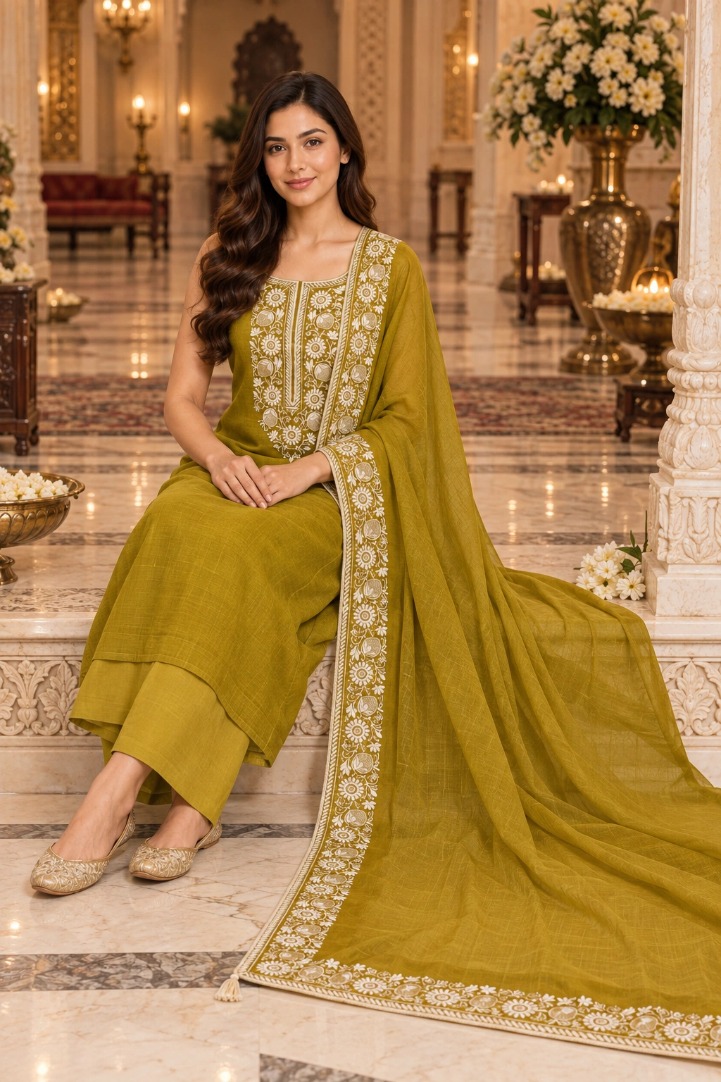 Mustard Olive Mul Chanderi Ethnic Suit Set with Intricate Thread Embroidery & Designer Dupatta - Image 4