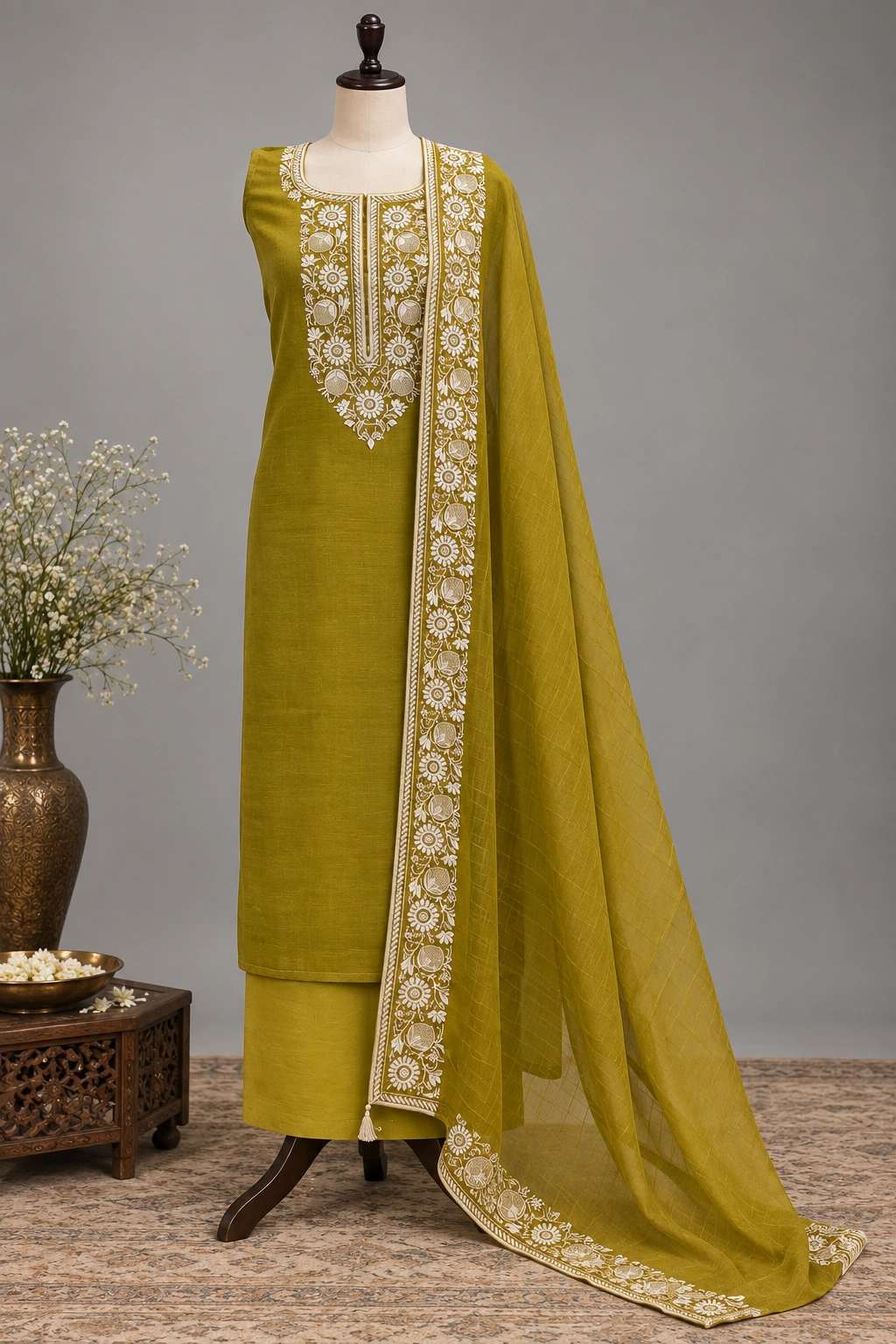 Mustard Olive Mul Chanderi Ethnic Suit Set with Intricate Thread Embroidery & Designer Dupatta - Image 6