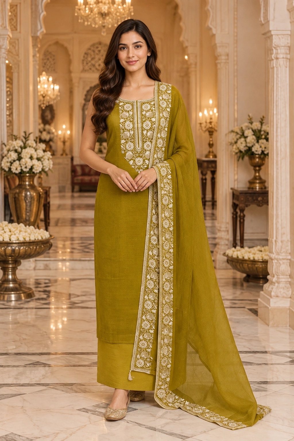 Mustard Olive Mul Chanderi Ethnic Suit Set with Intricate Thread Embroidery & Designer Dupatta