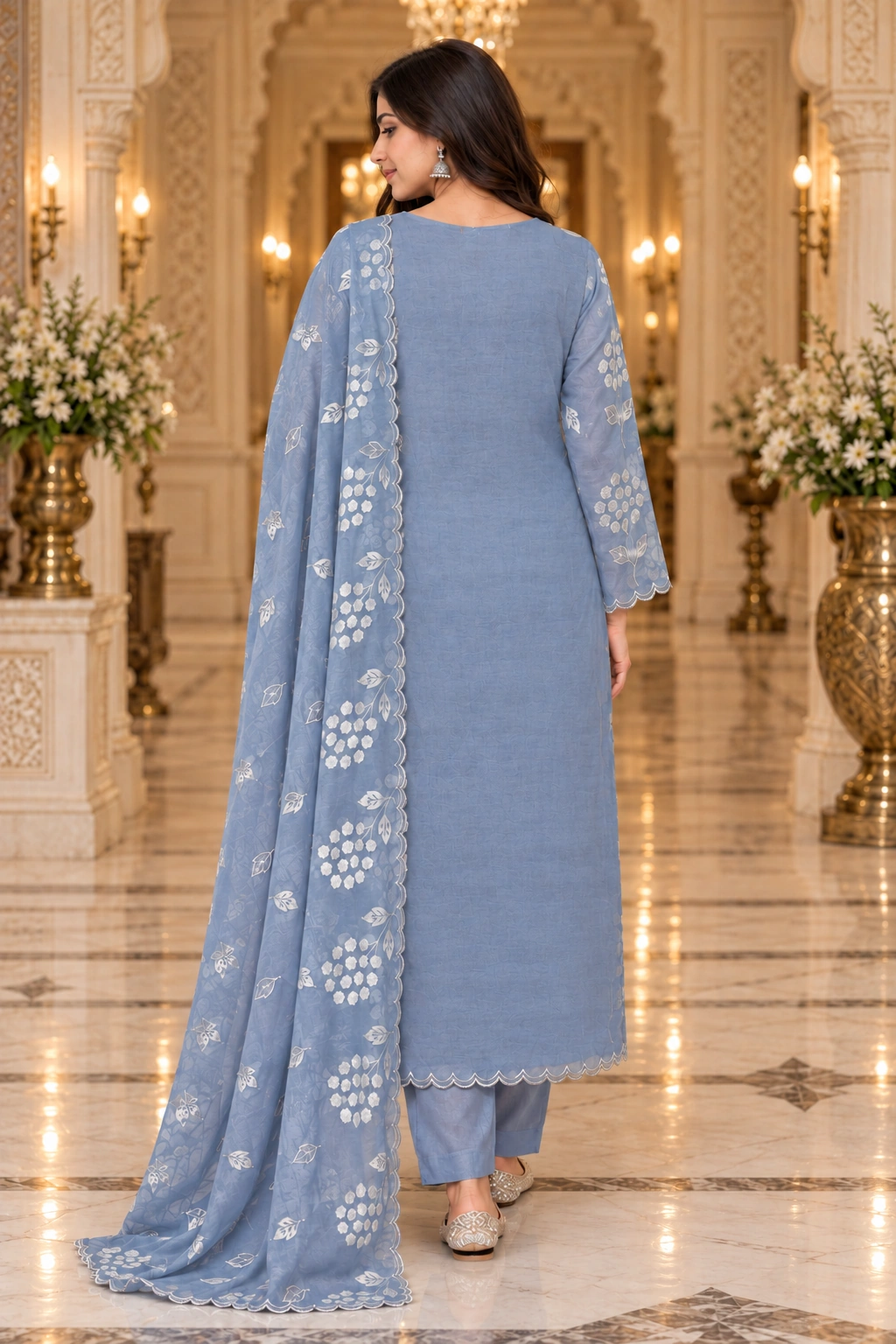 Powder Blue Mul Chanderi Appliqué Work Unstitched Suit - Image 2