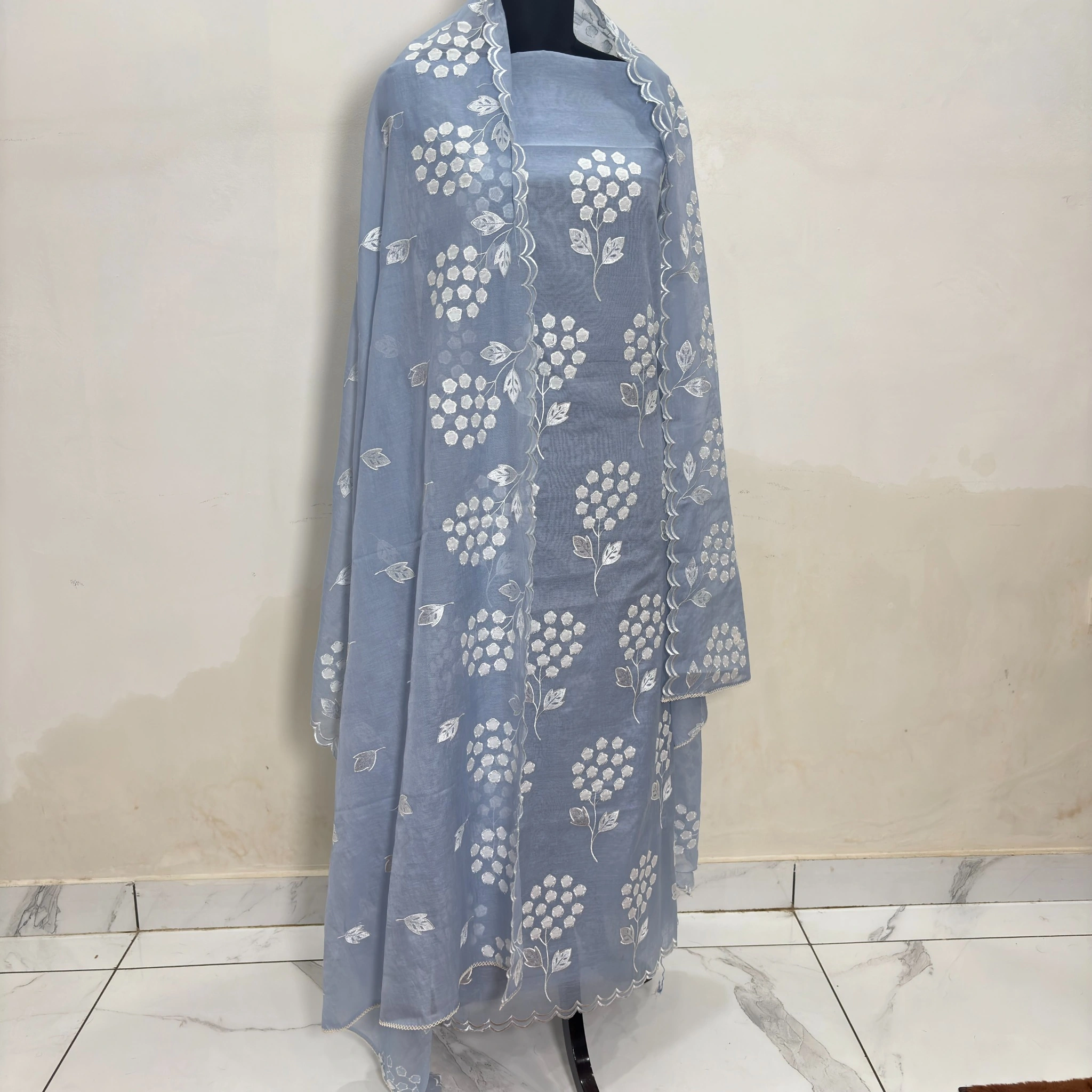 Powder Blue Mul Chanderi Appliqué Work Unstitched Suit - Image 7
