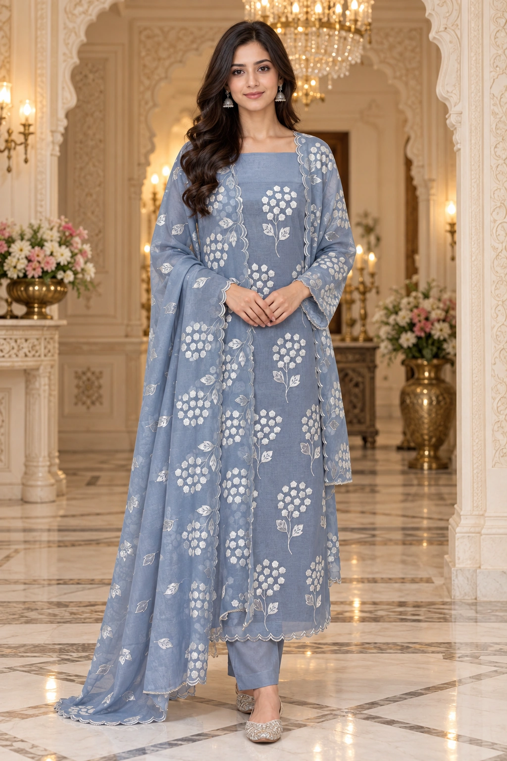 Powder Blue Mul Chanderi Appliqué Work Unstitched Suit