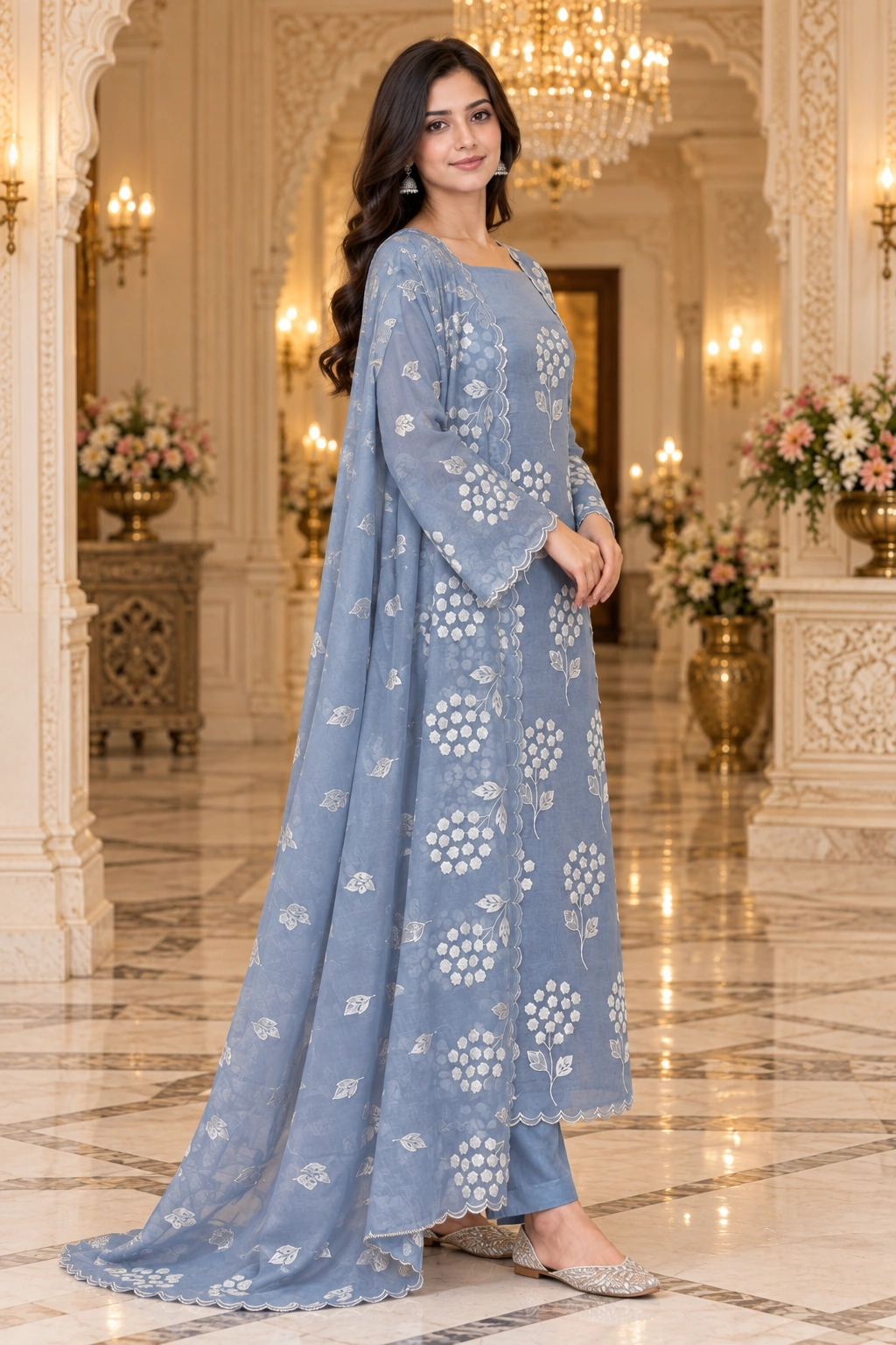 Powder Blue Mul Chanderi Appliqué Work Unstitched Suit - Image 3