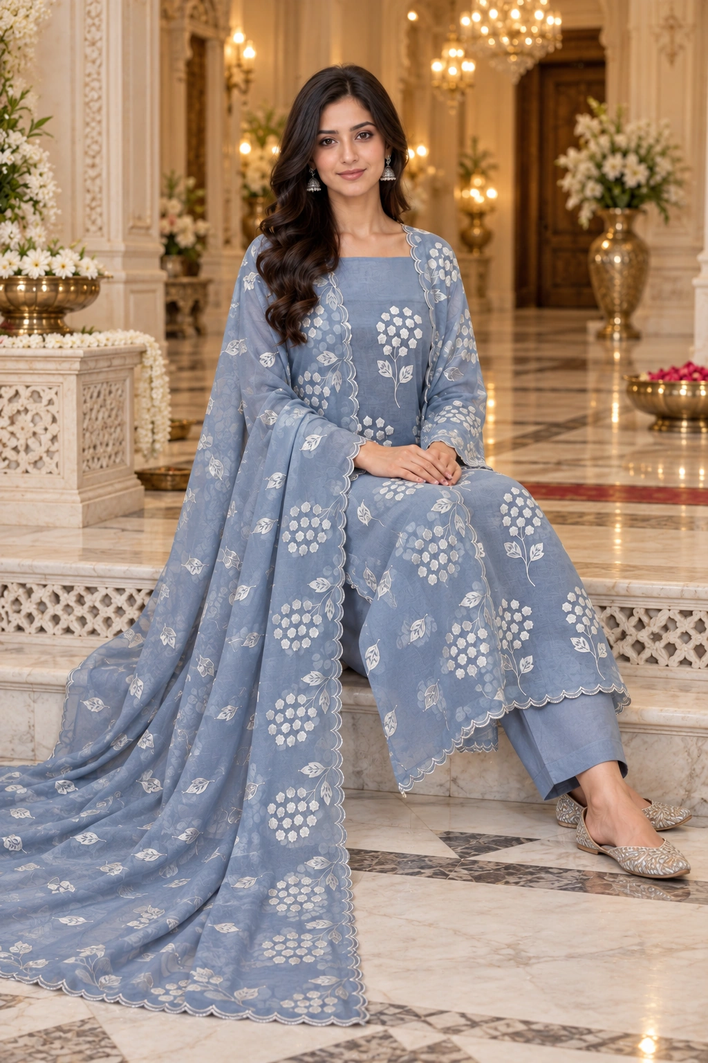 Powder Blue Mul Chanderi Appliqué Work Unstitched Suit - Image 4
