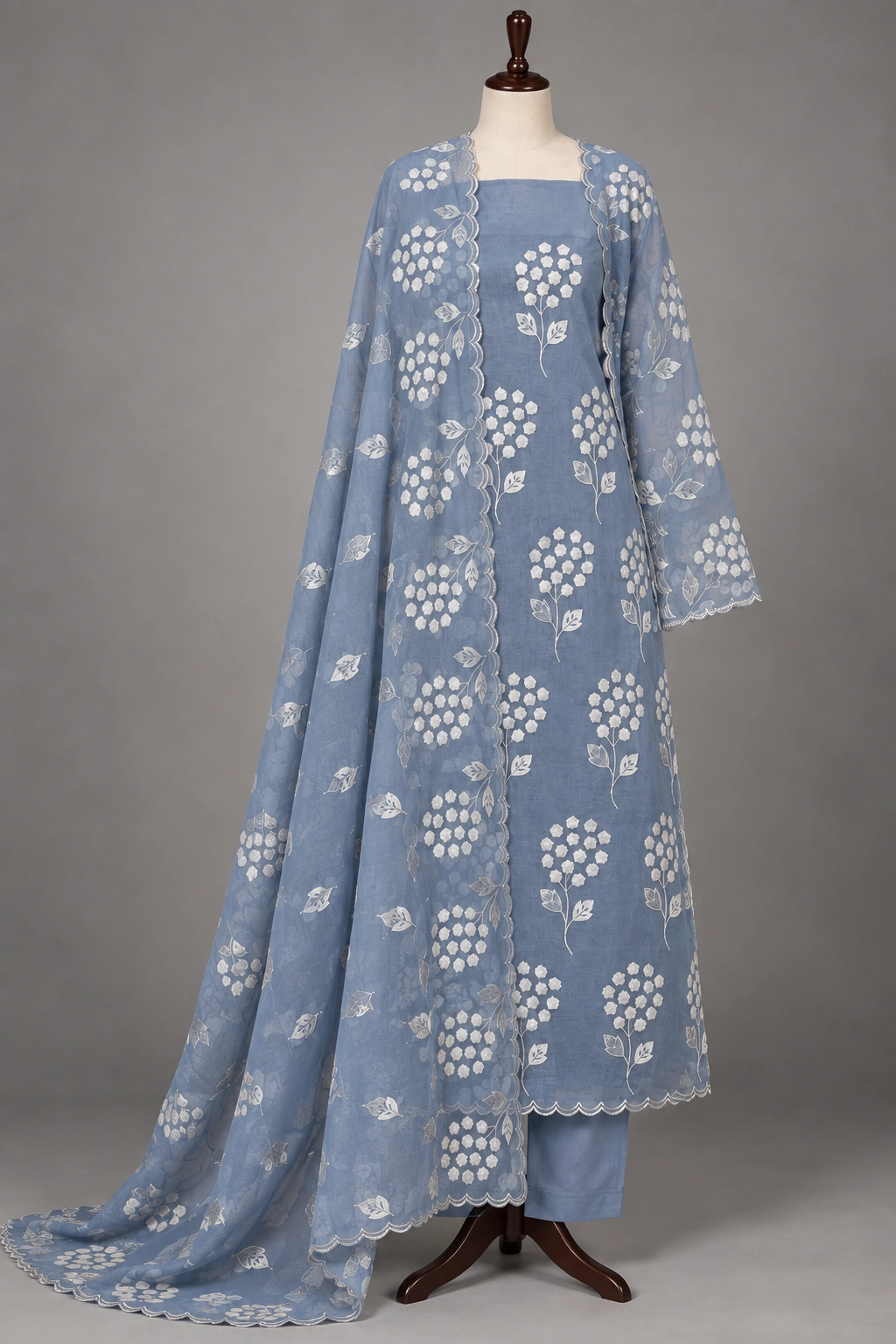 Powder Blue Mul Chanderi Appliqué Work Unstitched Suit - Image 6