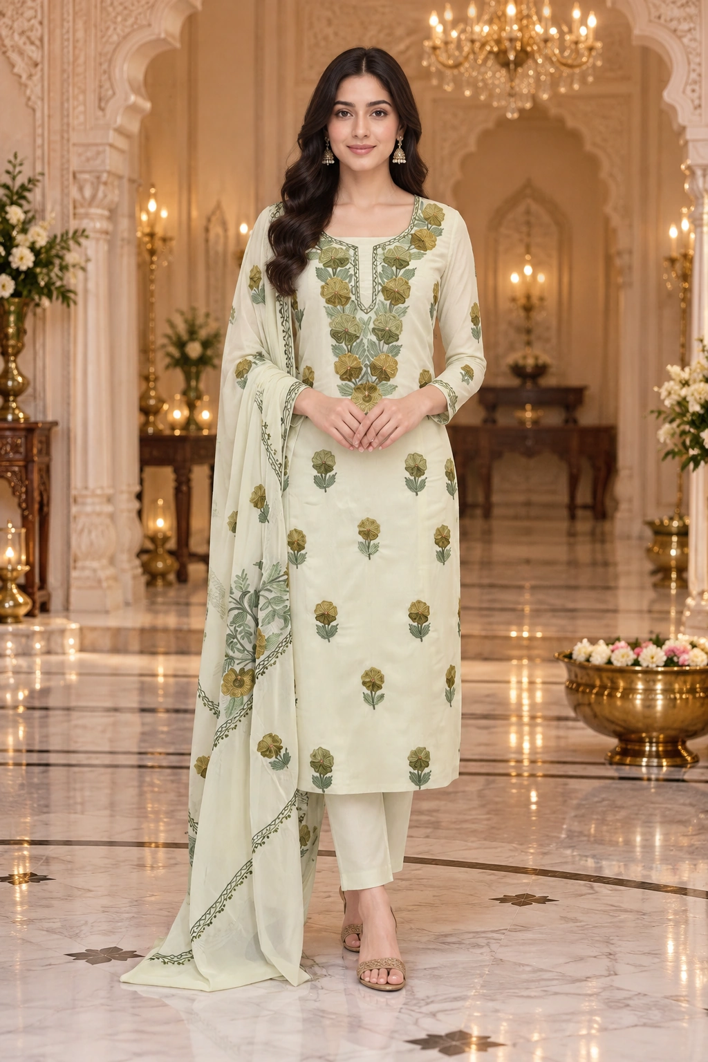 Kashmiri-Style Ivory Georgette Suit Set with Floral Embroidery & Matching Dupatta