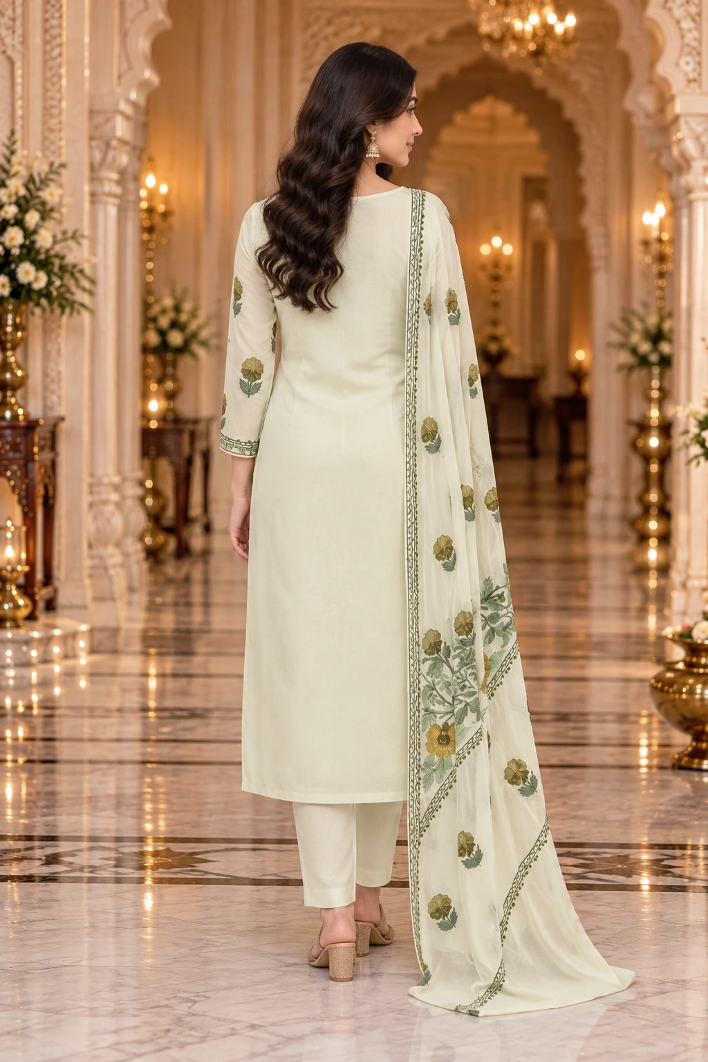 Kashmiri-Style Ivory Georgette Suit Set with Floral Embroidery & Matching Dupatta - Image 2