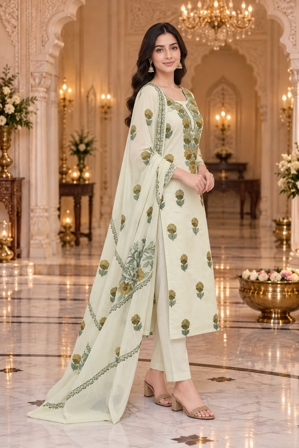 Kashmiri-Style Ivory Georgette Suit Set with Floral Embroidery & Matching Dupatta - Image 3