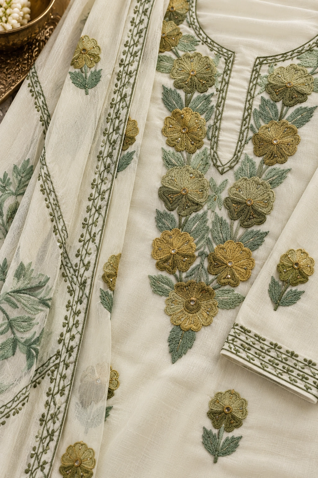 Kashmiri-Style Ivory Georgette Suit Set with Floral Embroidery & Matching Dupatta - Image 5