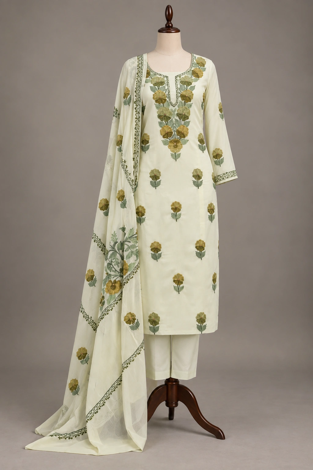 Kashmiri-Style Ivory Georgette Suit Set with Floral Embroidery & Matching Dupatta - Image 6