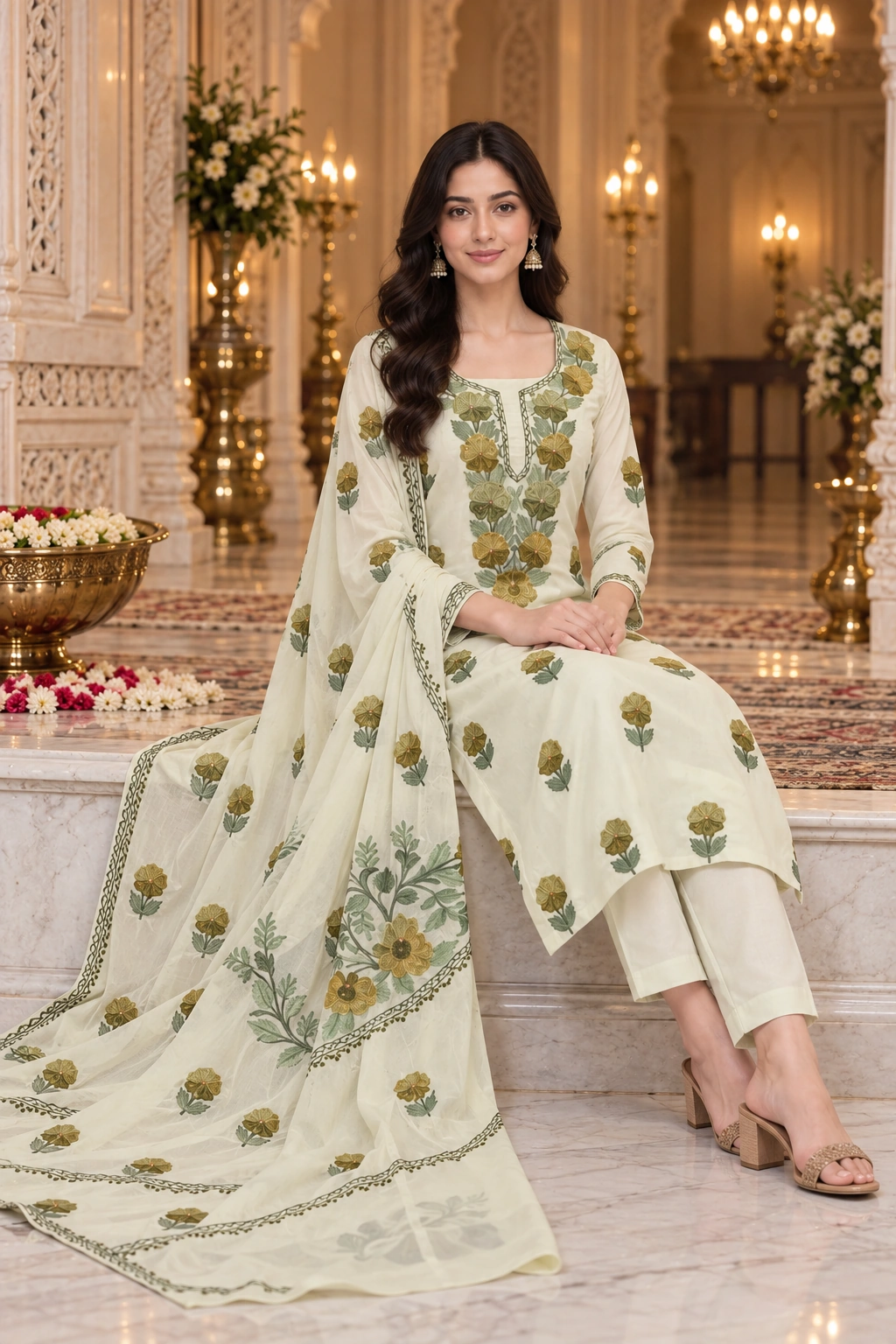 Kashmiri-Style Ivory Georgette Suit Set with Floral Embroidery & Matching Dupatta - Image 4